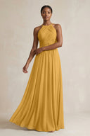 Halter Pleated Chiffon A - Line Bridesmaid Dress in Marigold - SHE IS ME Bridesmaid Dresses