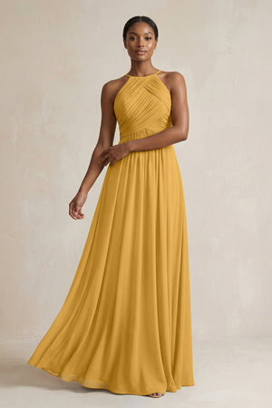 Halter Pleated Chiffon A - Line Bridesmaid Dress in Marigold - SHE IS ME Bridesmaid Dresses