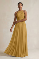 Halter Pleated Chiffon A-Line Bridesmaid Dress in Marigold | KISSBRIDAL