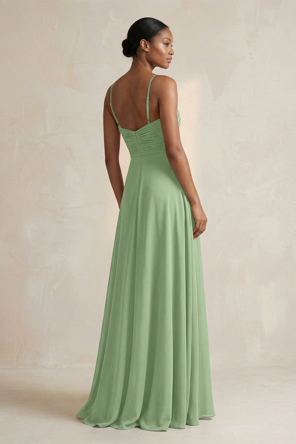 Halter Pleated Chiffon A-Line Bridesmaid Dress in Matcha (2) | KISSBRIDAL