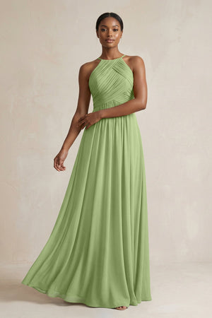 Halter Pleated Chiffon A - Line Bridesmaid Dress in Matcha - SHE IS ME Bridesmaid Dresses