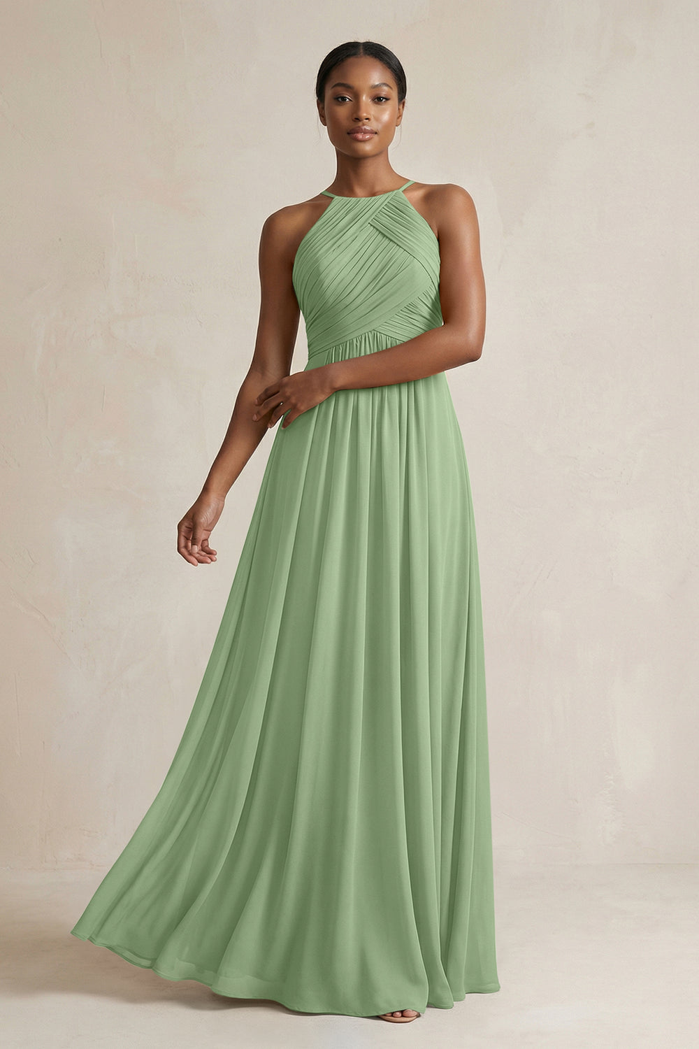 Halter Pleated Chiffon A-Line Bridesmaid Dress in Matcha