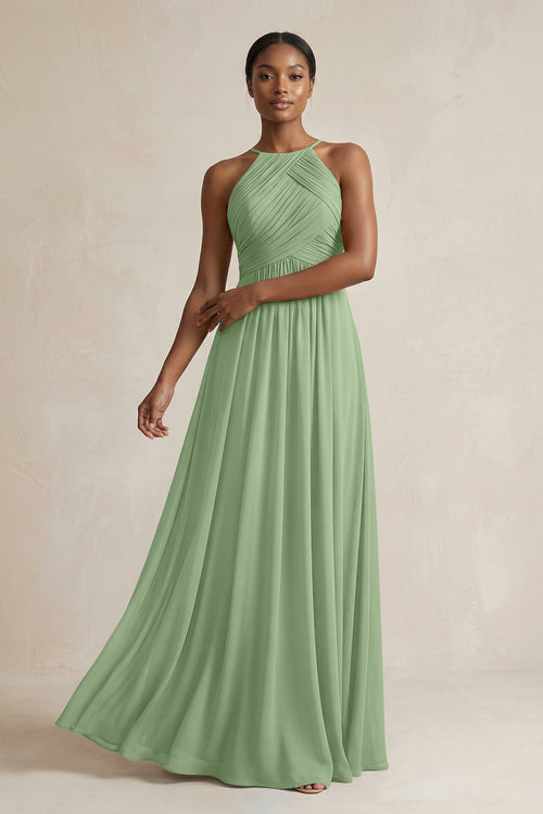 Halter Pleated Chiffon A-Line Bridesmaid Dress in Matcha | KISSBRIDAL