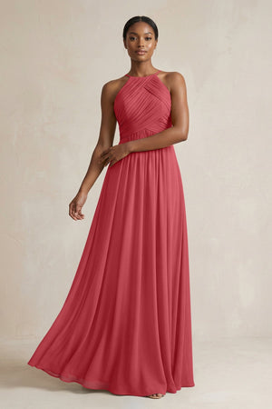 Halter Pleated Chiffon A - Line Bridesmaid Dress in Merlot - SHE IS ME Bridesmaid Dresses