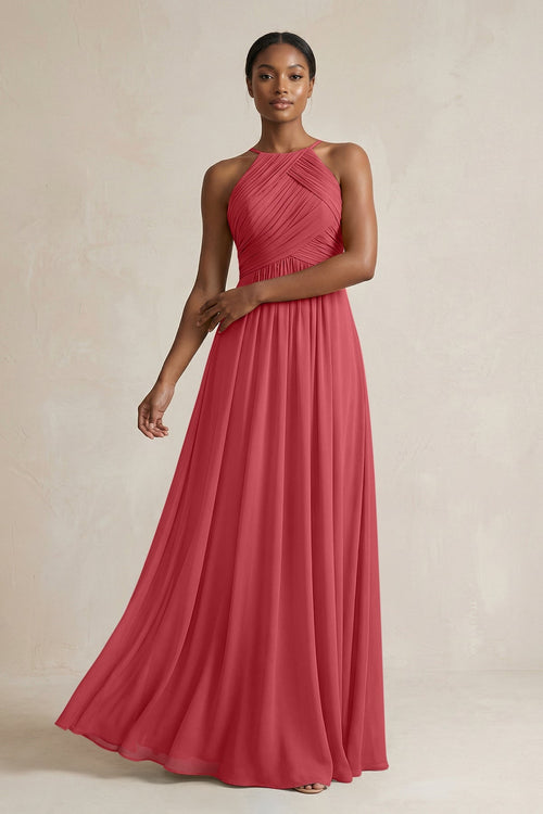 Halter Pleated Chiffon A - Line Bridesmaid Dress in Merlot - SHE IS ME Bridesmaid Dresses