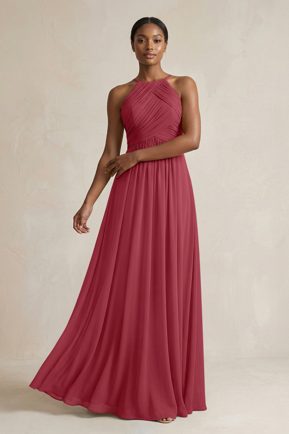 Halter Pleated Chiffon A-Line Bridesmaid Dress in Merlot