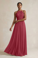 Halter Pleated Chiffon A-Line Bridesmaid Dress in Merlot | KISSBRIDAL