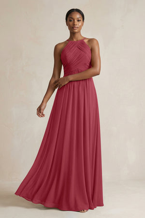 Halter Pleated Chiffon A-Line Bridesmaid Dress in Merlot | KISSBRIDAL