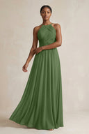 Halter Pleated Chiffon A - Line Bridesmaid Dress in Moss - SHE IS ME Bridesmaid Dresses