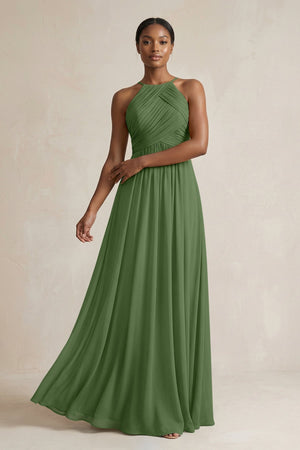 Halter Pleated Chiffon A - Line Bridesmaid Dress in Moss - SHE IS ME Bridesmaid Dresses