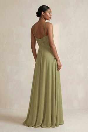 Halter Pleated Chiffon A-Line Bridesmaid Dress in Moss Green (2) | KISSBRIDAL