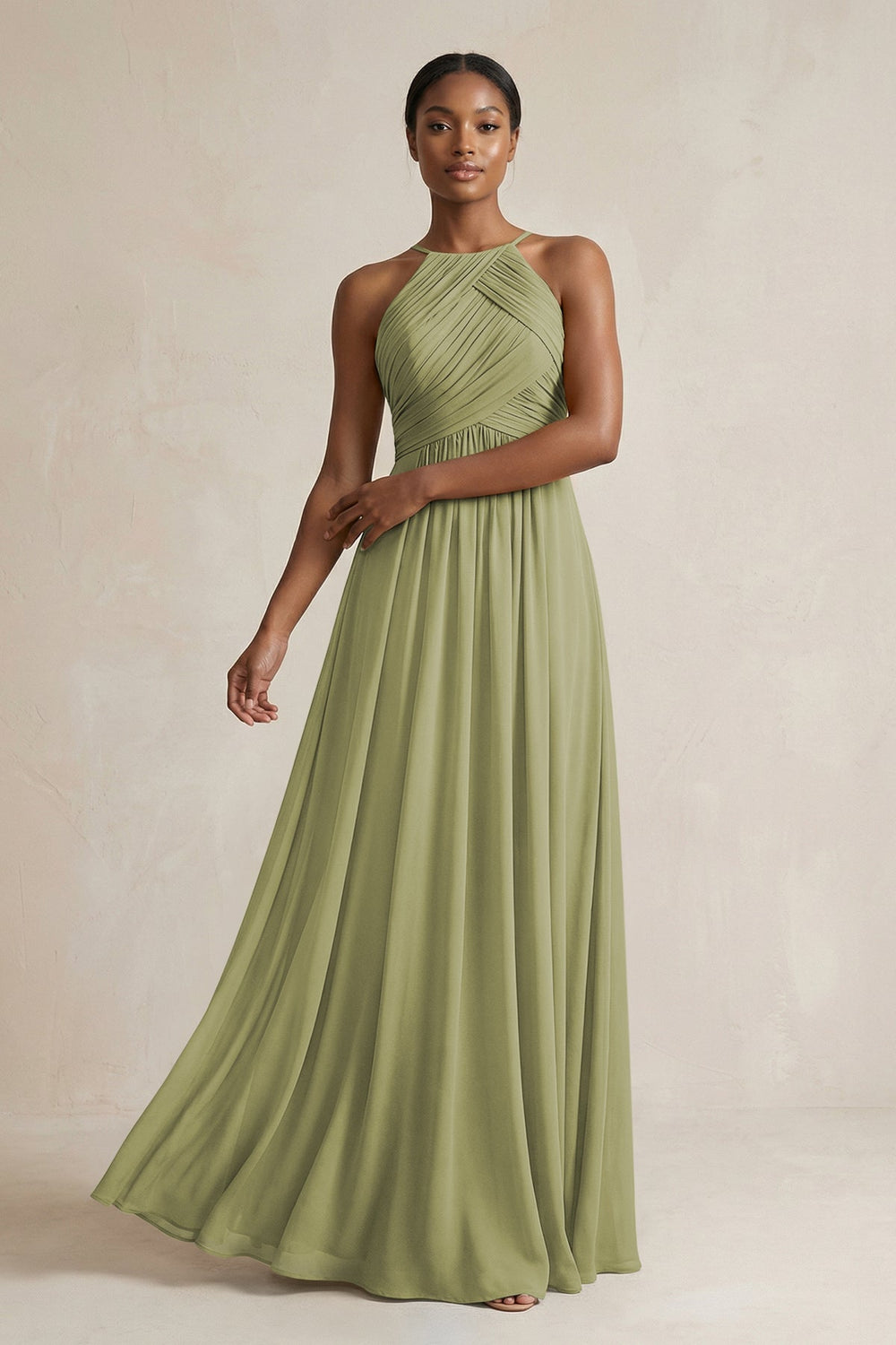 Halter Pleated Chiffon A - Line Bridesmaid Dress in Moss Green - KISS BRIDAL Bridesmaid Dresses