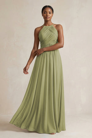 Halter Pleated Chiffon A - Line Bridesmaid Dress in Moss Green - SHE IS ME Bridesmaid Dresses