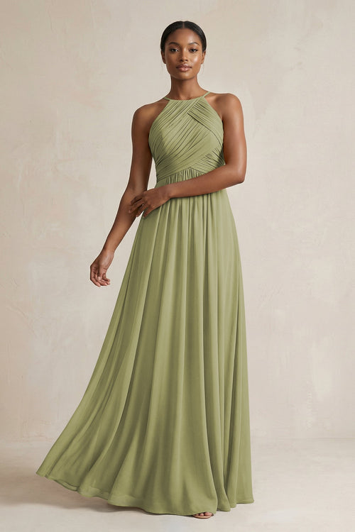 Halter Pleated Chiffon A - Line Bridesmaid Dress in Moss Green - SHE IS ME Bridesmaid Dresses