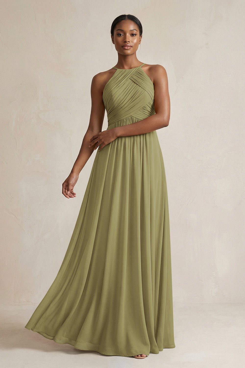 Halter Pleated Chiffon A-Line Bridesmaid Dress in Moss Green