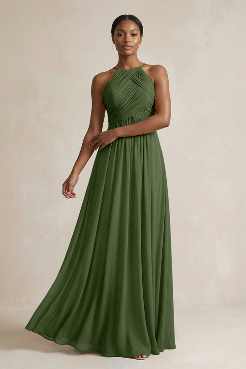 Halter Pleated Chiffon A-Line Bridesmaid Dress in Moss | KISSBRIDAL