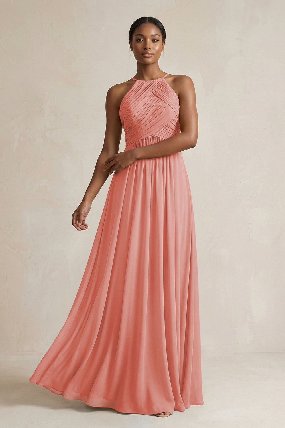 Halter Pleated Chiffon A - Line Bridesmaid Dress in Mulberry - KISS BRIDAL Bridesmaid Dresses
