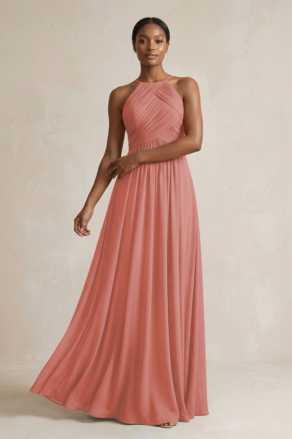 Halter Pleated Chiffon A-Line Bridesmaid Dress in Mulberry