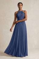 Halter Pleated Chiffon A - Line Bridesmaid Dress in Navy - KISS BRIDAL Bridesmaid Dresses