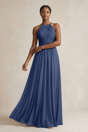 Halter Pleated Chiffon A - Line Bridesmaid Dress in Navy - KISS BRIDAL Bridesmaid Dresses