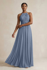 Halter Pleated Chiffon A - Line Bridesmaid Dress in Neptune - KISS BRIDAL Bridesmaid Dresses