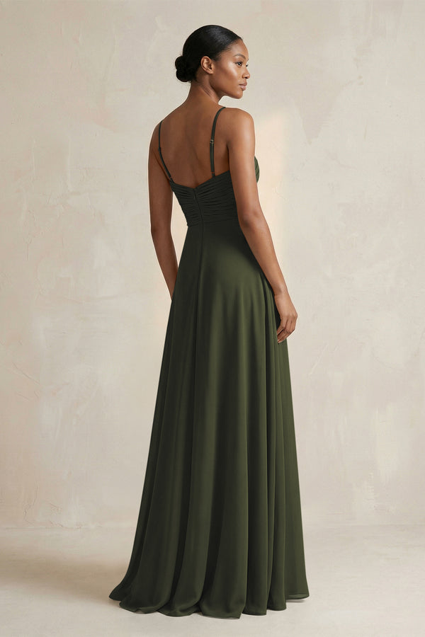 Halter Pleated Chiffon A-Line Bridesmaid Dress in Olive (2) | KISSBRIDAL