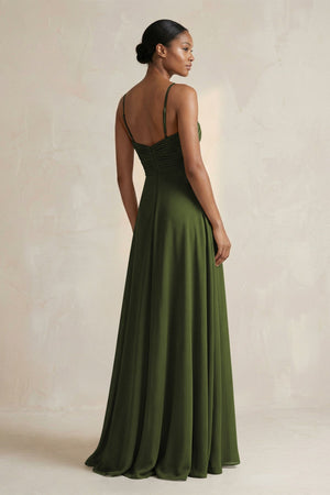 Halter Pleated Chiffon A - Line Bridesmaid Dress in Olive - SHE IS ME Bridesmaid Dresses