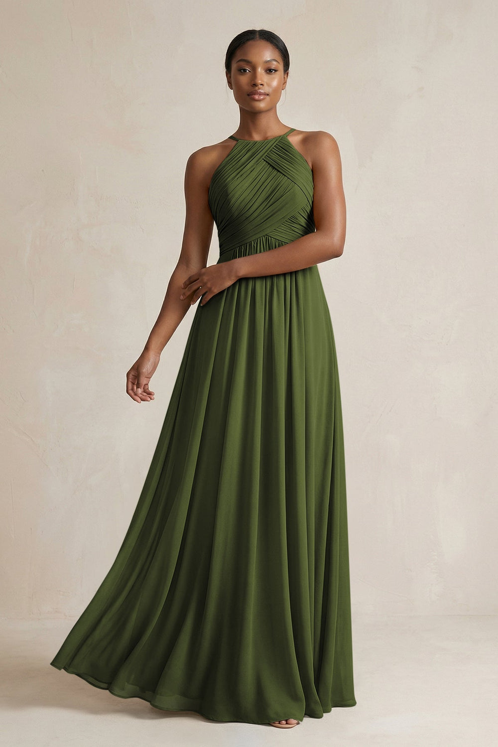 Halter Pleated Chiffon A - Line Bridesmaid Dress in Olive - KISS BRIDAL Bridesmaid Dresses