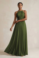 Halter Pleated Chiffon A - Line Bridesmaid Dress in Olive - SHE IS ME Bridesmaid Dresses
