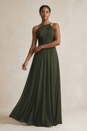 Halter Pleated Chiffon A-Line Bridesmaid Dress in Olive | KISSBRIDAL