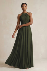 Halter Pleated Chiffon A-Line Bridesmaid Dress in Olive | KISSBRIDAL