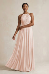 Halter Pleated Chiffon A - Line Bridesmaid Dress in Pale Blush - KISS BRIDAL Bridesmaid Dresses