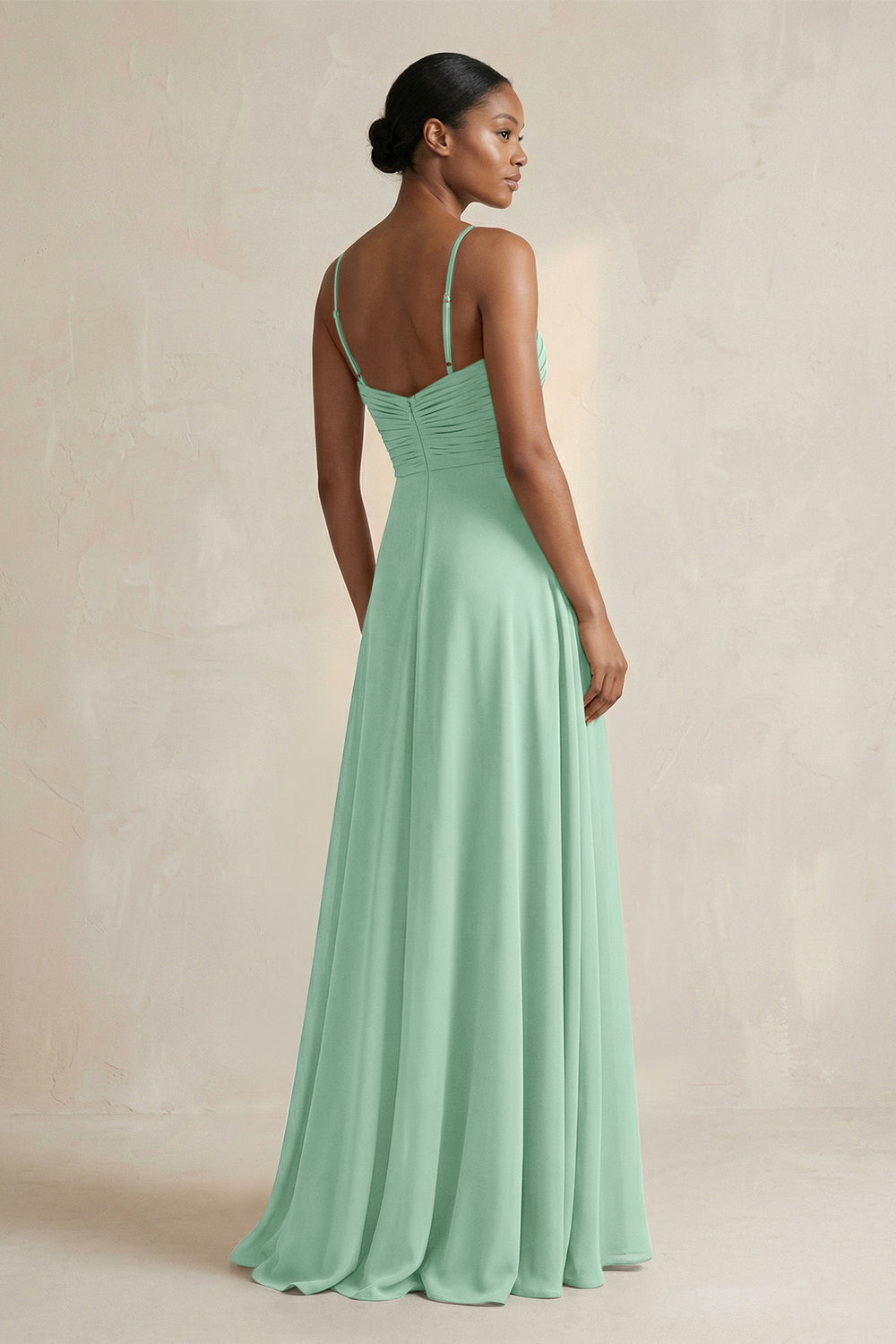 Halter Pleated Chiffon A-Line Bridesmaid Dress in Pale Pistachio