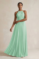 Halter Pleated Chiffon A - Line Bridesmaid Dress in Pale Pistachio - SHE IS ME Bridesmaid Dresses