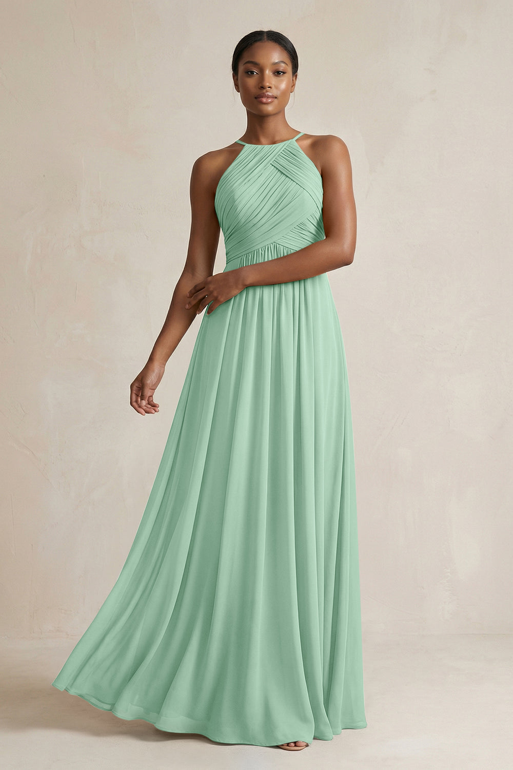 Halter Pleated Chiffon A-Line Bridesmaid Dress in Pale Pistachio