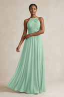 Halter Pleated Chiffon A-Line Bridesmaid Dress in Pale Pistachio | KISSBRIDAL