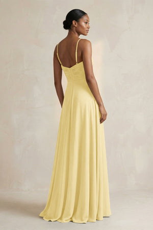 Halter Pleated Chiffon A - Line Bridesmaid Dress in Pastel Yellow - KISS BRIDAL Bridesmaid Dresses