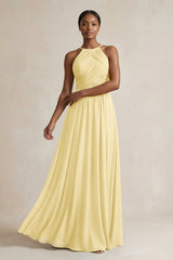 Halter Pleated Chiffon A - Line Bridesmaid Dress in Pastel Yellow - KISS BRIDAL Bridesmaid Dresses