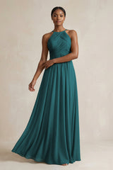 Halter Pleated Chiffon A - Line Bridesmaid Dress in Pine - KISS BRIDAL Bridesmaid Dresses