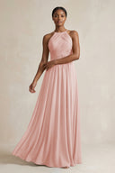 Halter Pleated Chiffon A-Line Bridesmaid Dress in Rose Petal | KISSBRIDAL