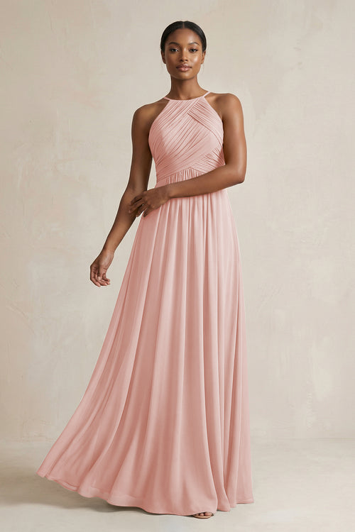 Halter Pleated Chiffon A-Line Bridesmaid Dress in Rose Petal | KISSBRIDAL
