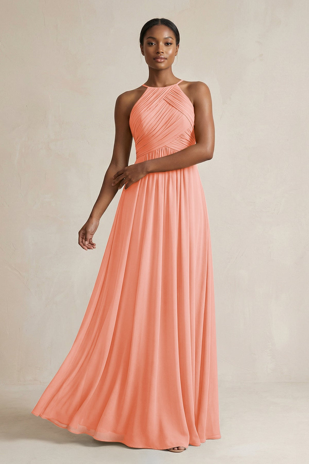Halter Pleated Chiffon A - Line Bridesmaid Dress in Rosette - KISS BRIDAL Bridesmaid Dresses