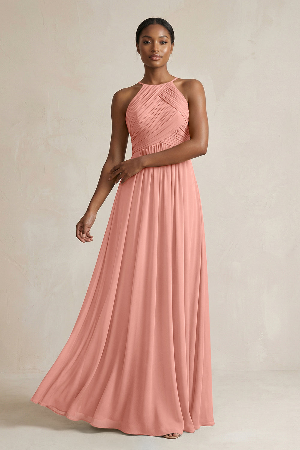 Halter Pleated Chiffon A-Line Bridesmaid Dress in Rosette