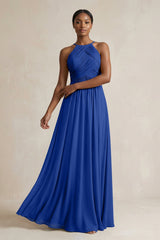 Halter Pleated Chiffon A - Line Bridesmaid Dress in Royal Blue - KISS BRIDAL Bridesmaid Dresses