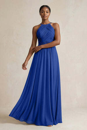 Halter Pleated Chiffon A - Line Bridesmaid Dress in Royal Blue - SHE IS ME Bridesmaid Dresses
