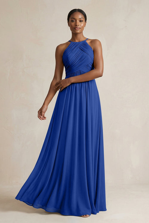 Halter Pleated Chiffon A - Line Bridesmaid Dress in Royal Blue - SHE IS ME Bridesmaid Dresses
