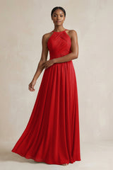 Halter Pleated Chiffon A - Line Bridesmaid Dress in Ruby Red - KISS BRIDAL Bridesmaid Dresses