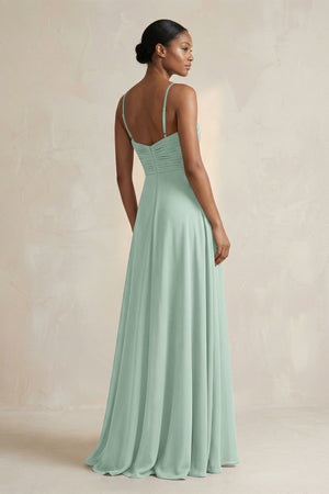 Halter Pleated Chiffon A-Line Bridesmaid Dress in Sage (2) | KISSBRIDAL
