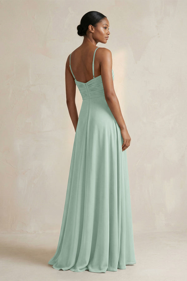 Halter Pleated Chiffon A-Line Bridesmaid Dress in Sage (2) | KISSBRIDAL