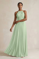 Halter Pleated Chiffon A - Line Bridesmaid Dress in Sage - SHE IS ME Bridesmaid Dresses